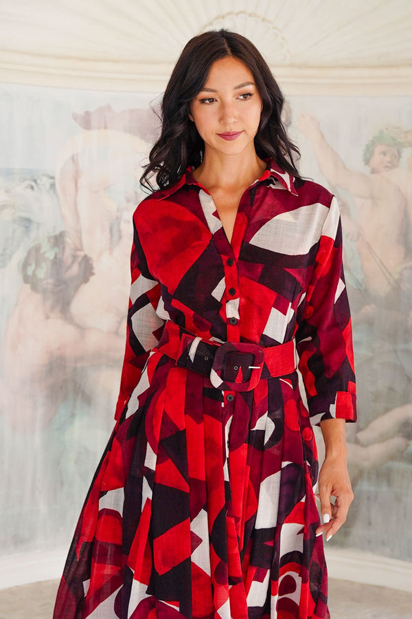 Audrey Dress #4 Shirt Collar 3/4 Sleeve Midi Length Wool (Morello Graphic Dark) - Red Sepia