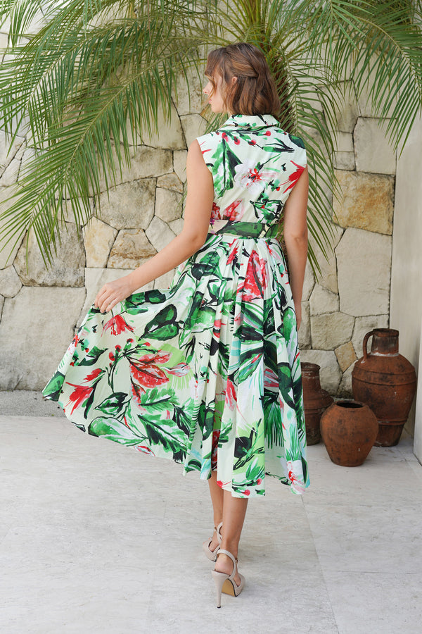 Laurent Dress Shirt Collar Sleeveless Midi Length Cotton Stretch (Mozambique Flower Pastel)
