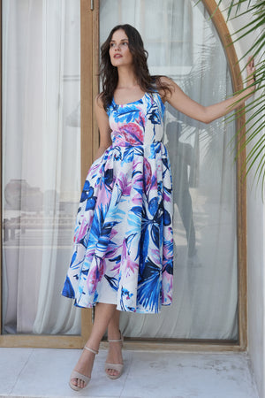 Abelia Dress U Neck Sleeveless Midi Length Silk Taffta (Mozambique Flower White)