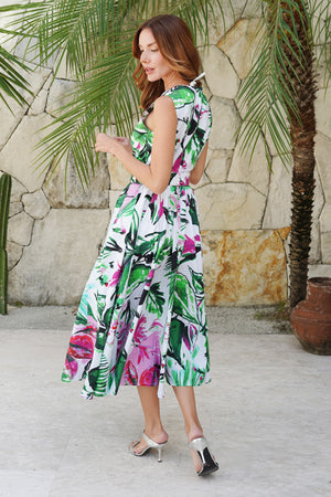 Abelia Dress Crew Neck Sleeveless Midi Length Cotton Stretch (Mozambique Flower White)