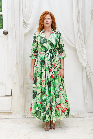 Eva Dress Crew Neck 3/4 Sleeve Maxi Length Cotton Mudola (Mozambique Flower Pastel)