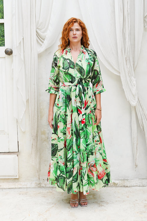 Eva Dress Crew Neck 3/4 Sleeve Maxi Length Cotton Mudola (Mozambique Flower Pastel)