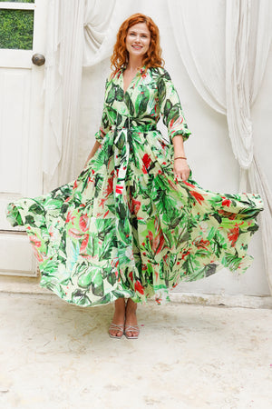 Eva Dress Crew Neck 3/4 Sleeve Maxi Length Cotton Mudola (Mozambique Flower Pastel)