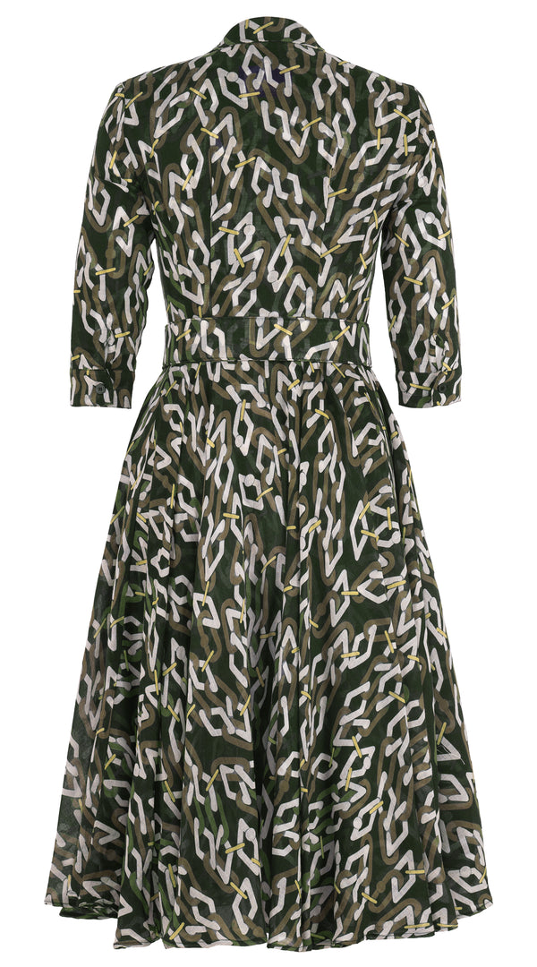 Aster Dress Shirt Collar 3/4 Sleeve Midi Length Wool (Multi Chain Dark) - Olive Green
