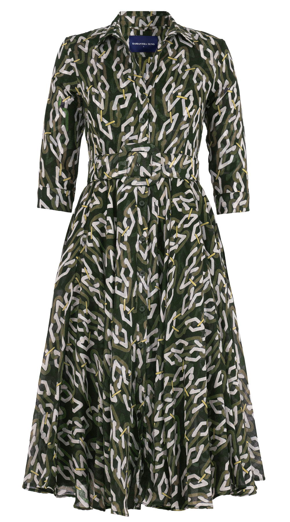 Aster Dress Shirt Collar 3/4 Sleeve Midi Length Wool Musola (Multi Chain Dark) - Olive Green