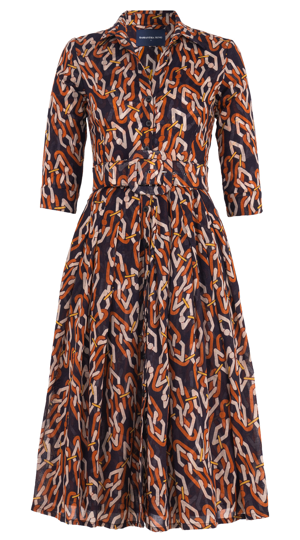 Audrey Dress #4 Shirt Collar 3/4 Sleeve Midi Length Wool Musola (Multi Chain Dark) - Sepia Orange
