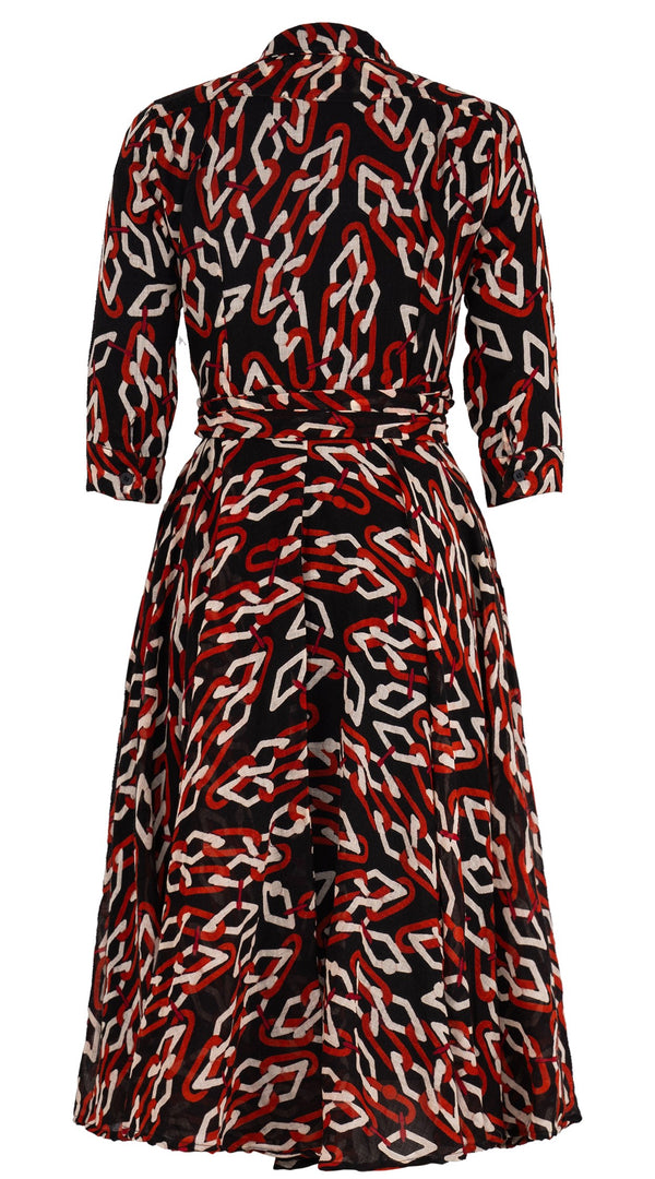 Olivia Dress Shirt Collar 3/4 Sleeve Midi Length Wool (Multi Chain Dark) - Sepia Orange