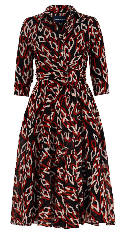 Olivia Dress Shirt Collar 3/4 Sleeve Midi Length Wool (Multi Chain Dark) - Sepia Orange