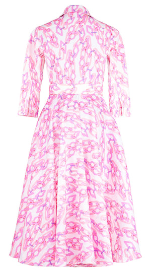Amber Dress Shirt Collar 3/4 Sleeve Midi Length Silk Taffta (Multi Chain Small White)