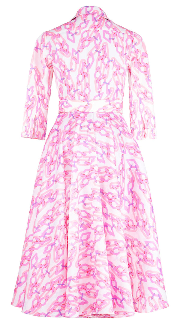 Amber Dress Shirt Collar 3/4 Sleeve Midi Length Silk Taffta (Multi Chain Small White)