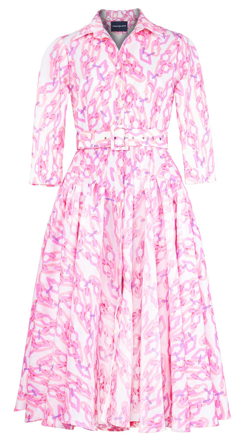 Amber Dress Shirt Collar 3/4 Sleeve Midi Length Silk Taffta (Multi Chain Small White)