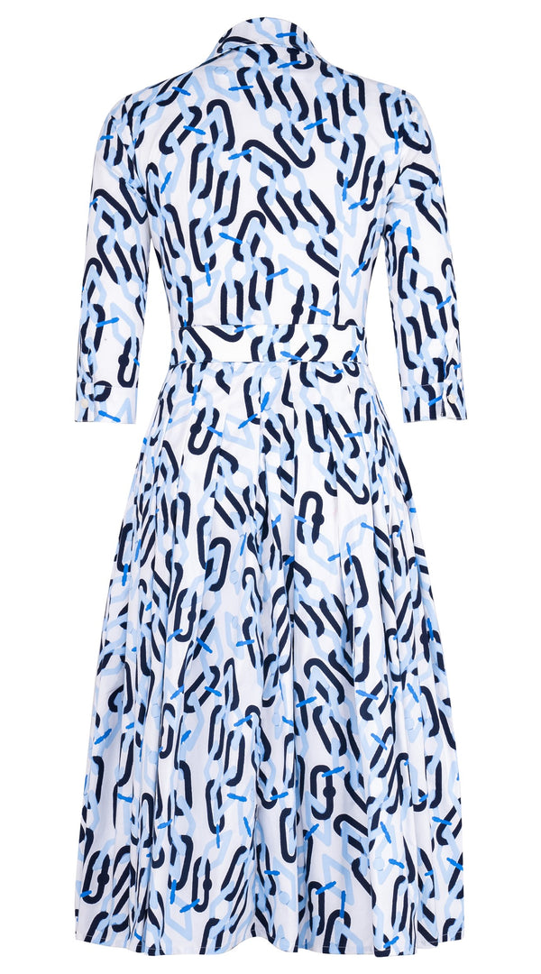 Audrey Dress #2 Shirt Collar 3/4 Sleeve Midi Length Cotton Stretch (Multi Chain BIg White)