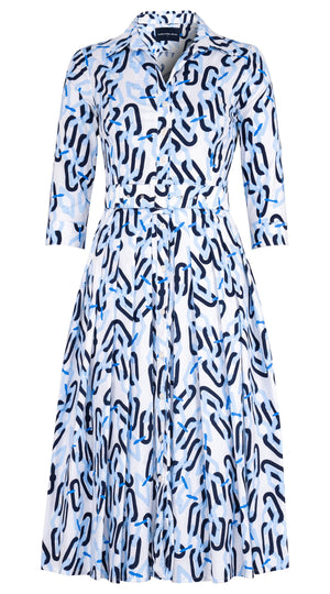 Audrey Dress #2 Shirt Collar 3/4 Sleeve Midi Length Cotton Stretch (Multi Chain BIg White)