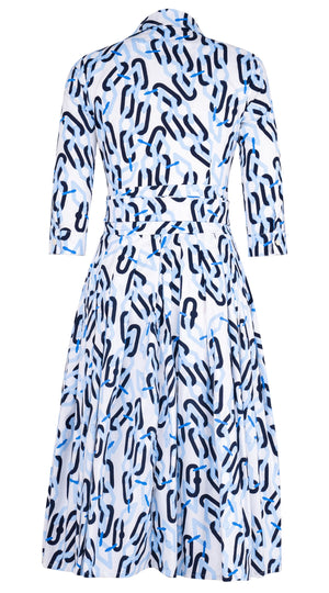 Audrey Dress #2 Shirt Collar 3/4 Sleeve Midi Length Cotton Stretch (Multi Chain BIg White)