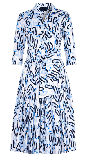 Audrey Dress #2 Shirt Collar 3/4 Sleeve Midi Length Cotton Stretch (Multi Chain BIg White)