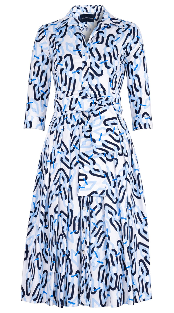 Audrey Dress #2 Shirt Collar 3/4 Sleeve Midi Length Cotton Stretch (Multi Chain BIg White)