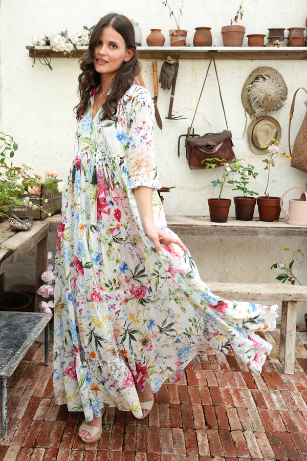Eden Dress Crew Neck 3/4 Sleeve Maxi Length Cotton Musola (Multicolor Botanic Small)