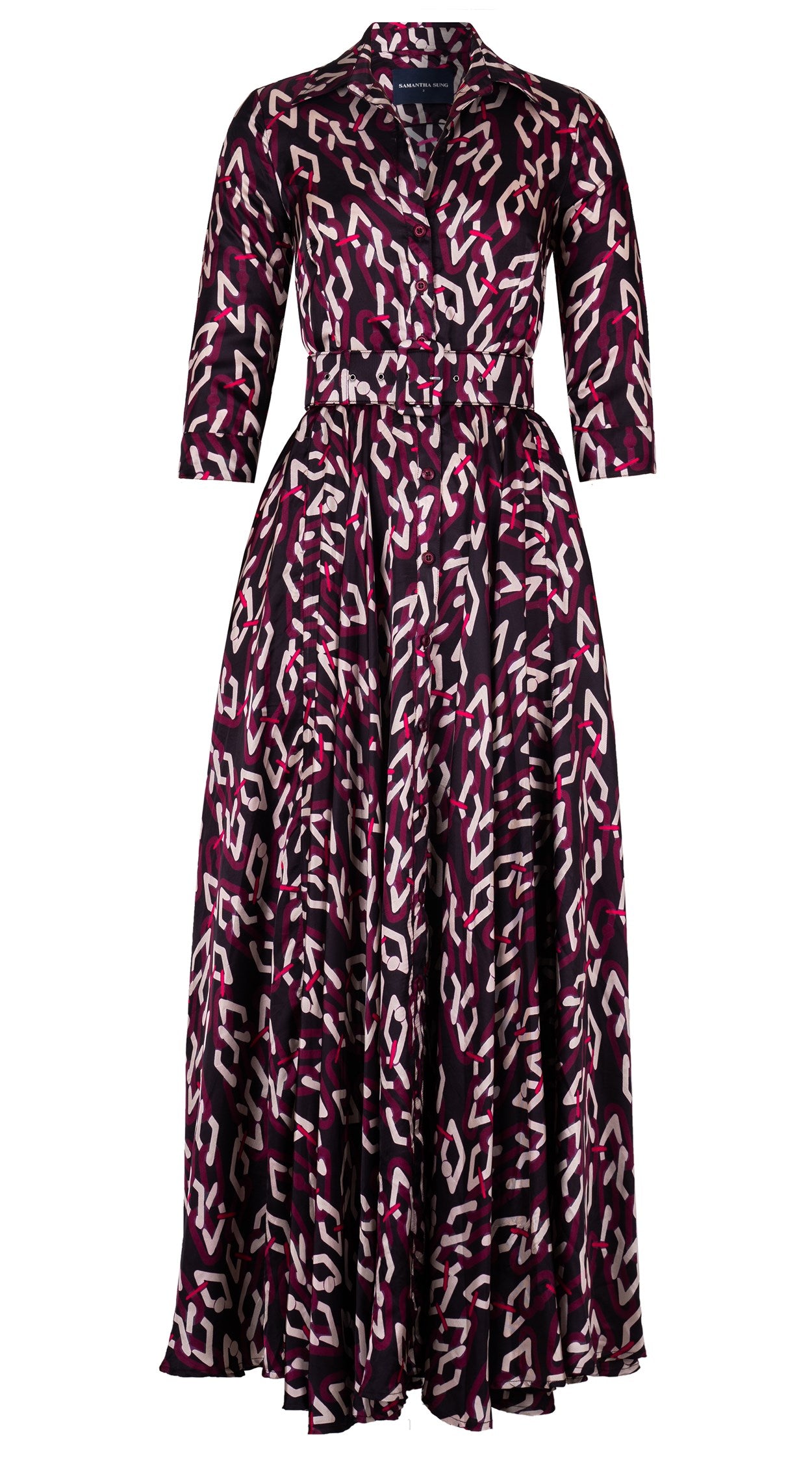 Aster Dress Shirt Collar 3/4 Sleeve Maxi Length Silk Twill (Multi Chai