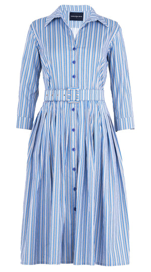 Audrey Dress #2 Shirt Collar 3/4 Sleeve Long Length Cotton Stretch (Napoli Stripe Bright)