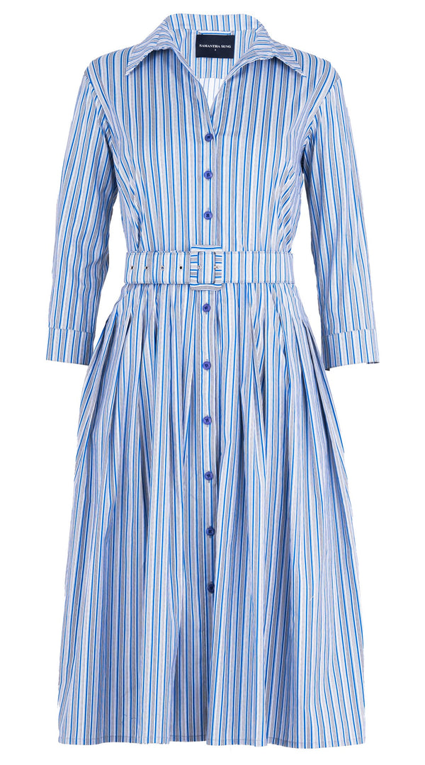 Audrey Dress #2 Shirt Collar 3/4 Sleeve Long Length Cotton Stretch (Napoli Stripe Bright)