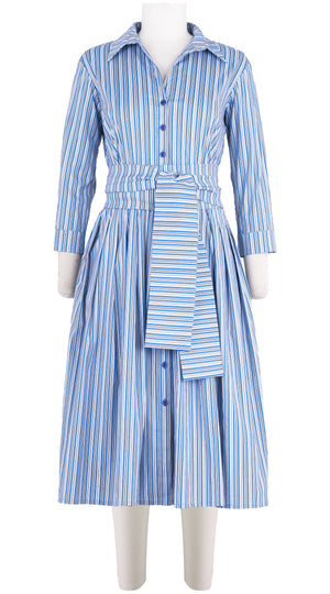 Audrey Dress #2 Shirt Collar 3/4 Sleeve Long Length Cotton Stretch (Napoli Stripe Bright)