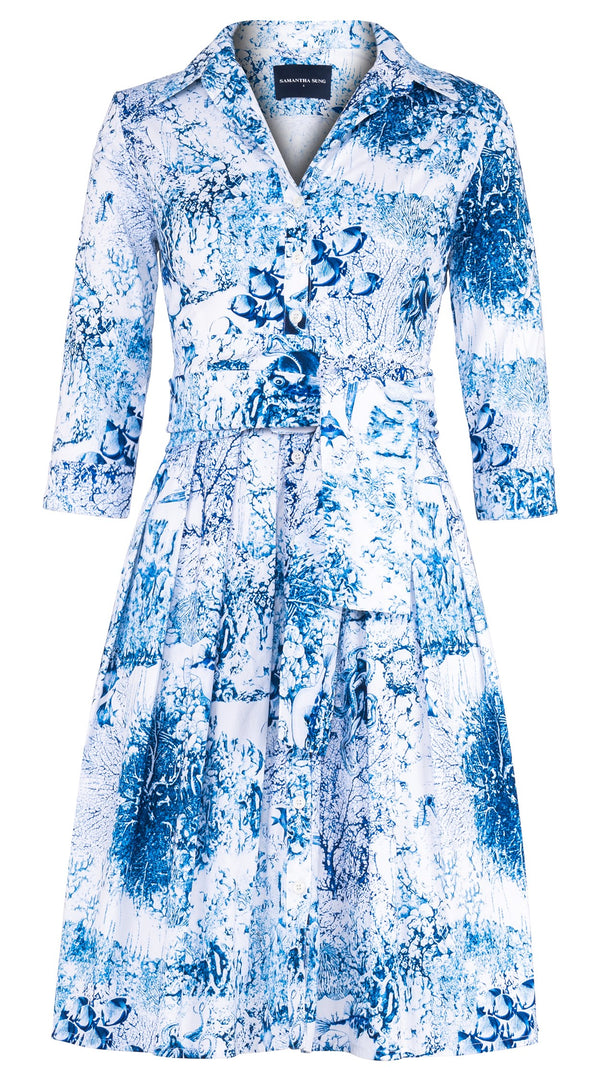 Audrey Dress #1 Shirt Collar 3/4 Sleeve Regular Length Cotton Stretch (Oceana Toile)