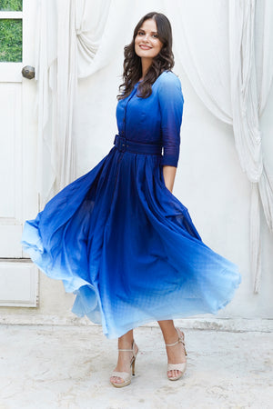 Aster Dress Shirt Collar 3/4 Sleeve Midi Length Cotton Musola (Ombre New)