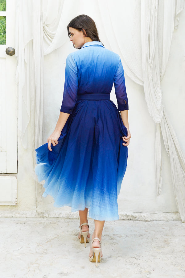 Aster Dress Shirt Collar 3/4 Sleeve Midi Length Cotton Musola (Ombre New)