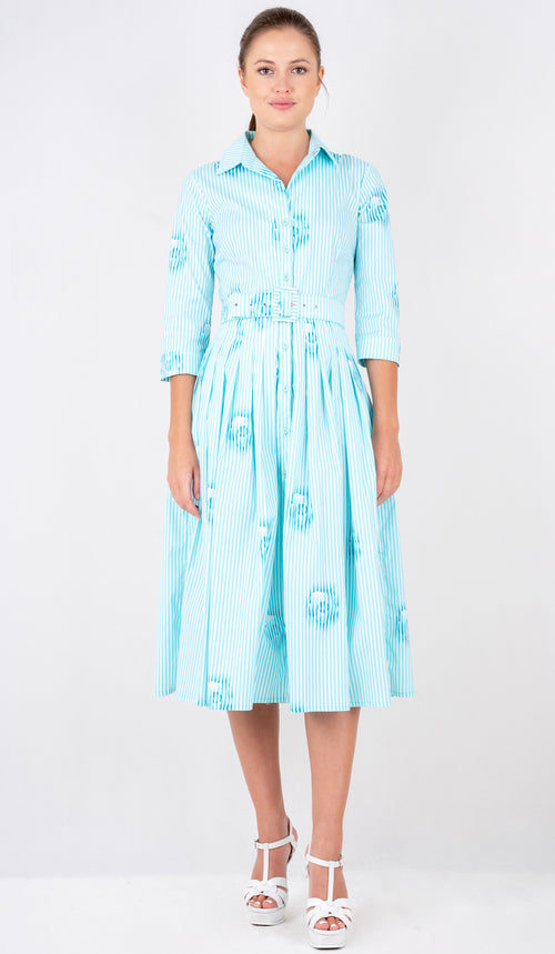 Audrey Dress #2 Shirt Collar 3/4 Sleeve Long Length Cotton Stretch (Oxford Stripe) @8