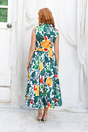 Laurent Dress Shirt Collar Sleeveless Midi Length Cotton Stretch (Pacific Monster Leaves White)