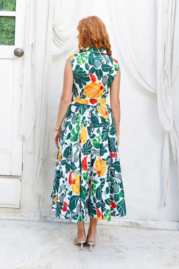 Laurent Dress Shirt Collar Sleeveless Midi Length Cotton Stretch (Pacific Monster Leaves White)