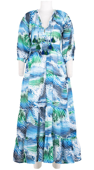 Eva Dress Crew Neck Tie 3/4 Sleeve Maxi Length Linen (Pacific Wave)