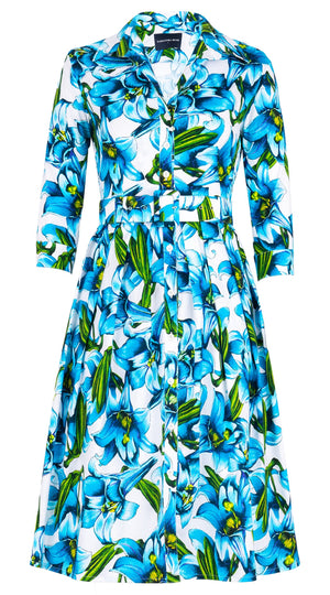 Audrey Dress #1 Shirt Collar 3/4 Sleeve Long Length Cotton Stretch (Paper Lillies White)