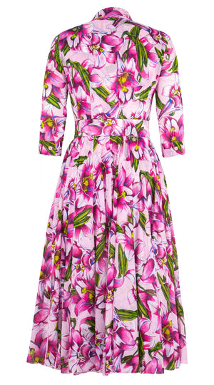 Aster Dress Shirt Collar 3/4 Sleeve Midi Length Cotton Musola (Paper Lillies Ground)
