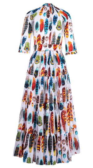 Eva Dress Crew Neck 3/4 Sleeve Maxi Length Cotton Musola (Paradise Feather)