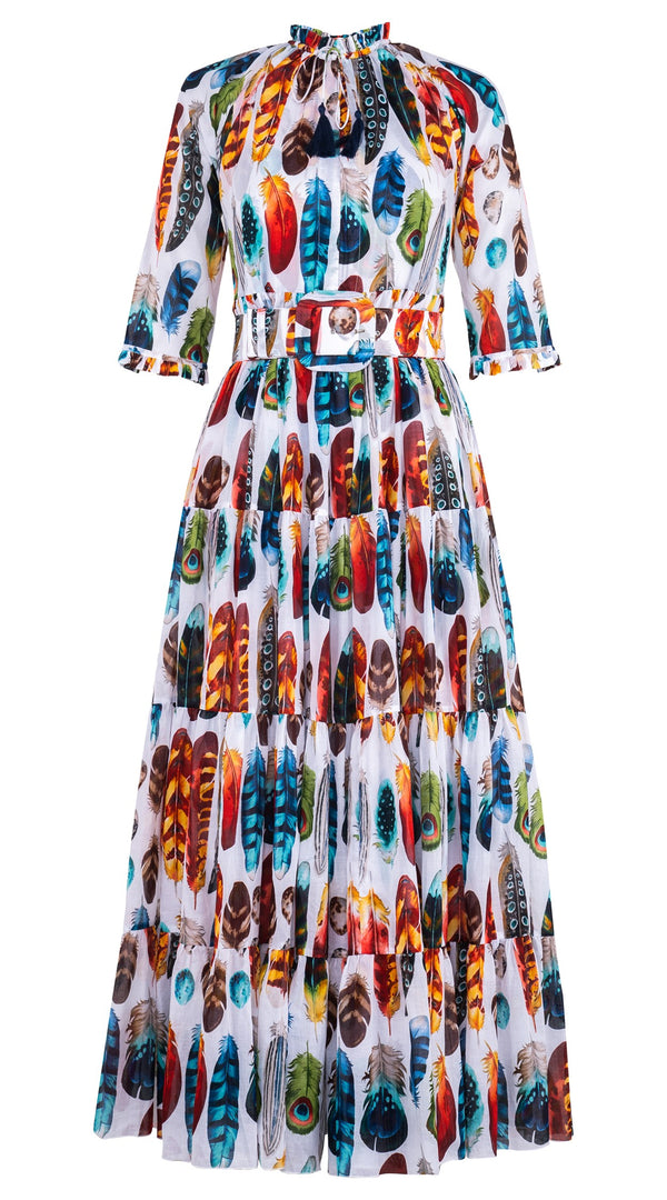 Eva Dress Crew Neck 3/4 Sleeve Maxi Length Cotton Musola (Paradise Feather)