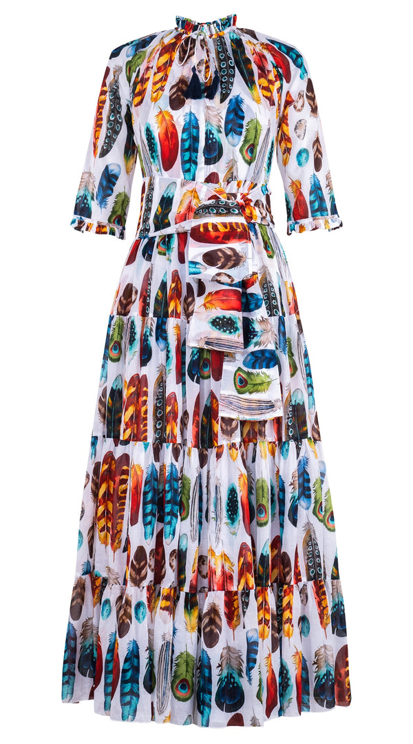 Eva Dress Crew Neck 3/4 Sleeve Maxi Length Cotton Musola (Paradise Feather)