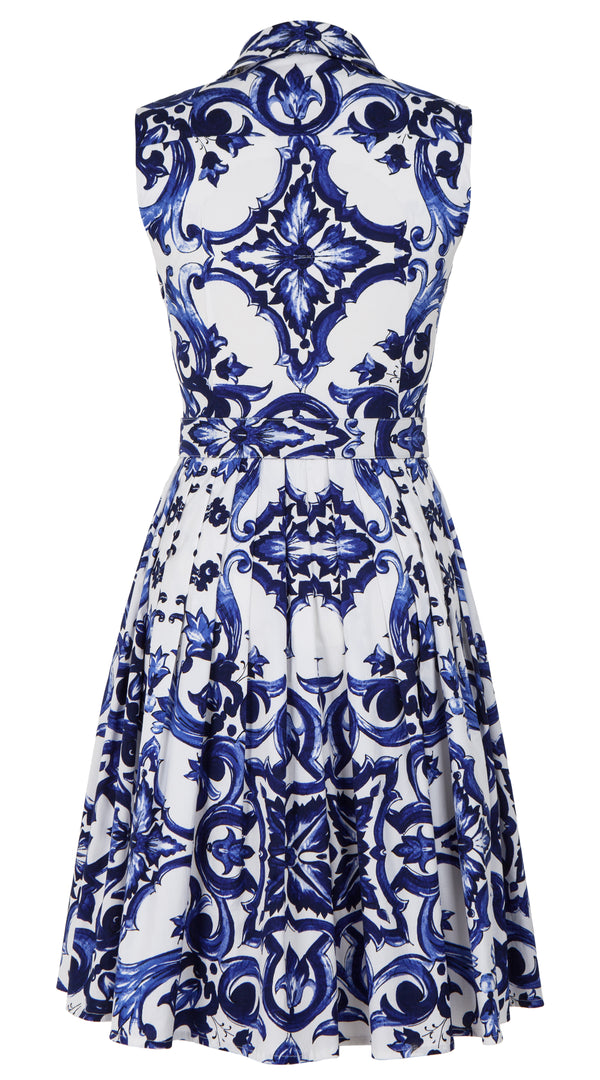 Audrey Dress #2 Shirt Collar Sleeveless Long Length Cotton Stretch (Paros Tile)