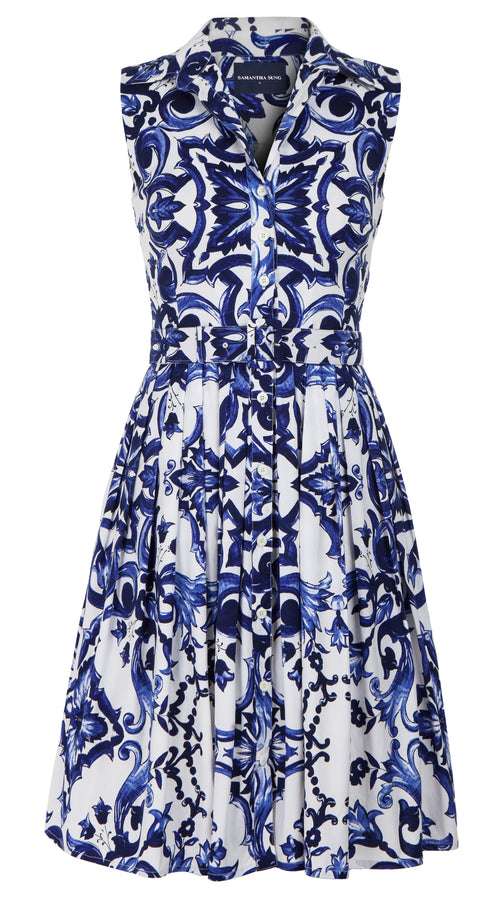 Audrey Dress #2 Shirt Collar Sleeveless Long Length Cotton Stretch (Paros Tile)