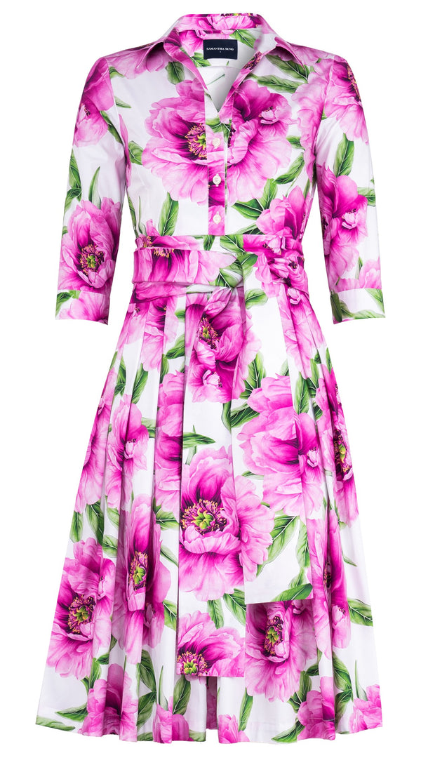 Audrey Dress #2 Shirt Collar 3/4 Sleeve Long Length Cotton Stretch (Pastel Magnolia White)