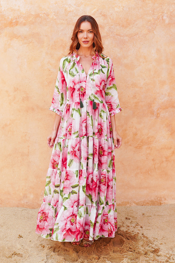 Eva Dress Crew Neck 3/4 Sleeve Maxi Length Cotton Mudola (Pastel Magnolia White)