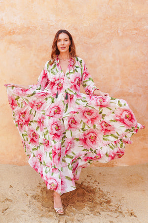 Eva Dress Crew Neck 3/4 Sleeve Maxi Length Cotton Mudola (Pastel Magnolia White)