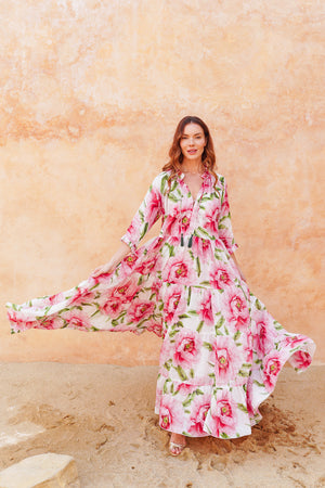 Eva Dress Crew Neck 3/4 Sleeve Maxi Length Cotton Mudola (Pastel Magnolia White)