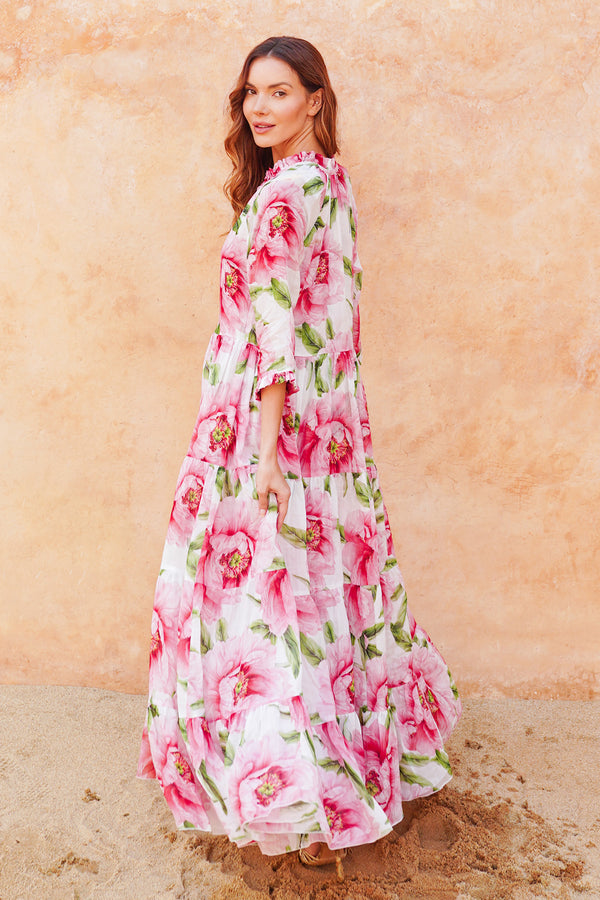 Eva Dress Crew Neck 3/4 Sleeve Maxi Length Cotton Mudola (Pastel Magnolia White)