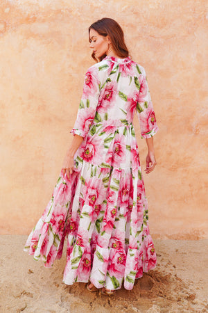 Eva Dress Crew Neck 3/4 Sleeve Maxi Length Cotton Mudola (Pastel Magnolia White)