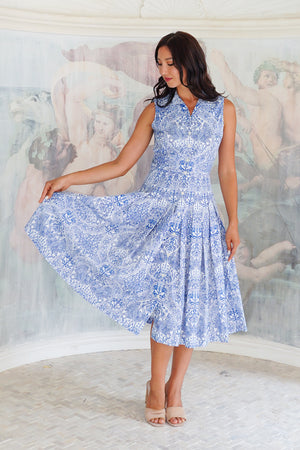 Audrey Dress #2 Shirt Collar Sleeveless Long Length Cotton Stretch (Peacock Toile White)