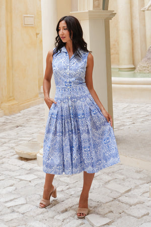 Audrey Dress #2 Shirt Collar Sleeveless Long Length Cotton Stretch (Peacock Toile White)