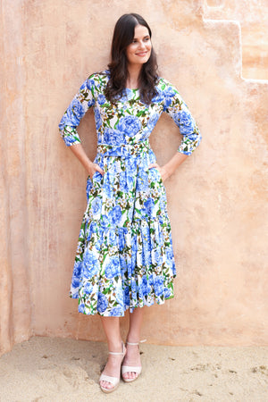 Melanie Dress Crew Neck 3/4 Sleeve Midi Plus Length Cotton Lawn (Pink Peony)