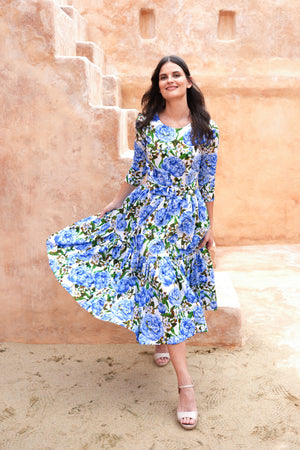 Melanie Dress Crew Neck 3/4 Sleeve Midi Plus Length Cotton Lawn (Pink Peony)