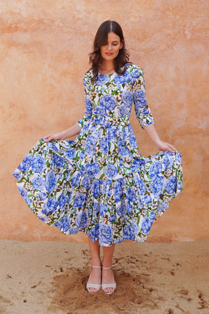 Melanie Dress Crew Neck 3/4 Sleeve Midi Plus Length Cotton Lawn (Pink Peony)